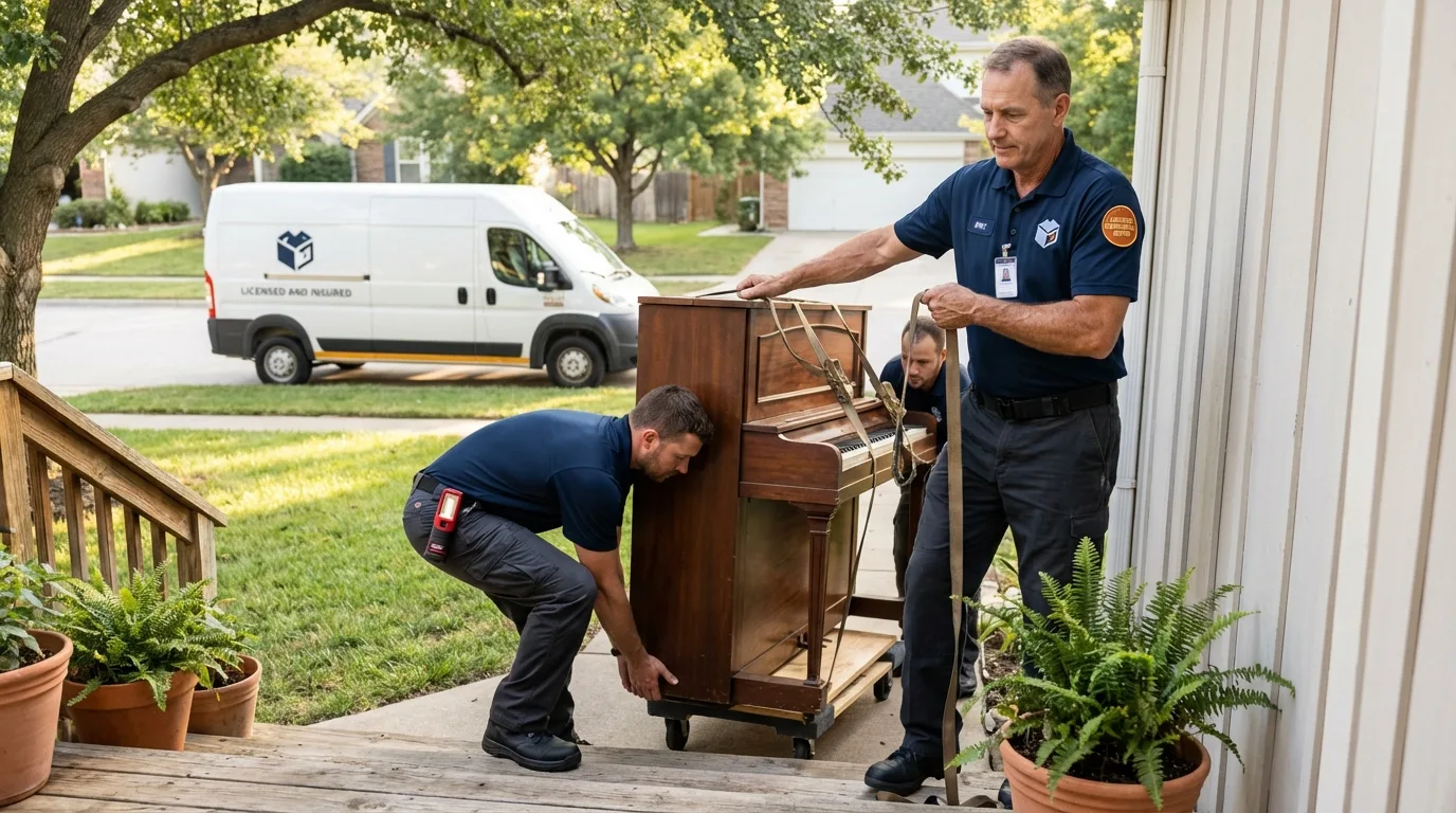 Licensed piano movers securing grand piano in Temple, TX
