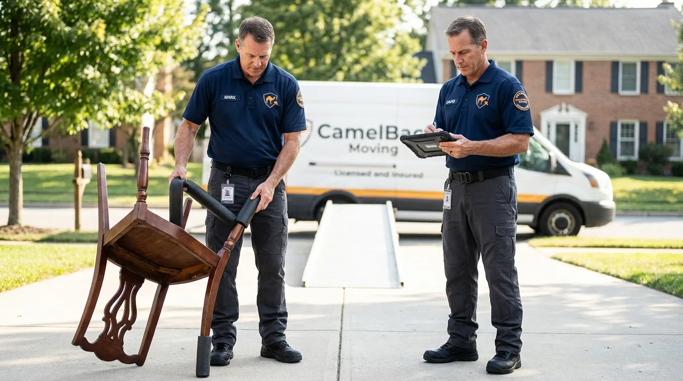 Movers inspecting furniture for damage prevention before loading in Temple, TX