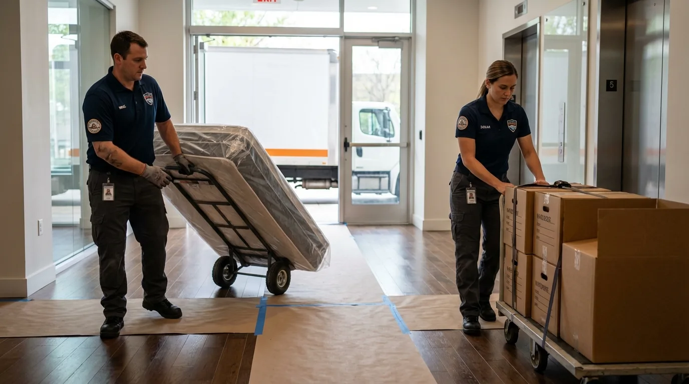Professional apartment movers loading elevator in Temple, TX